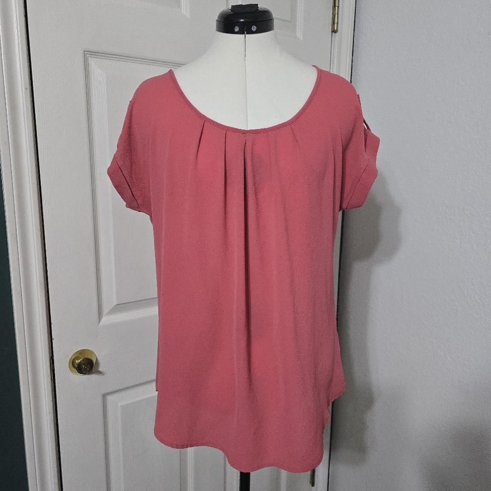 Soft Feminine Barbie Pink Chiffon Blouse Size Large Pull Tab Office Chic
